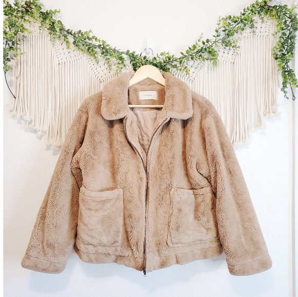 fromlala Jackets & Blazers - Fromlala Tan Fuzzy Teddy Sherpa Oversized Zip Up Collared Jacket Coat XS-M